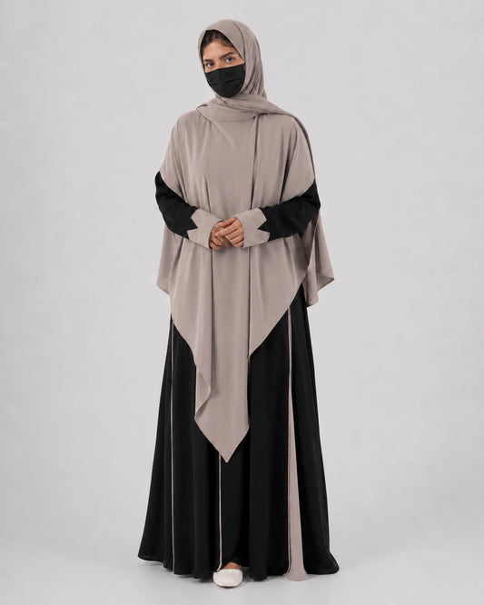 Black Colour-Block Abaya with Hijab