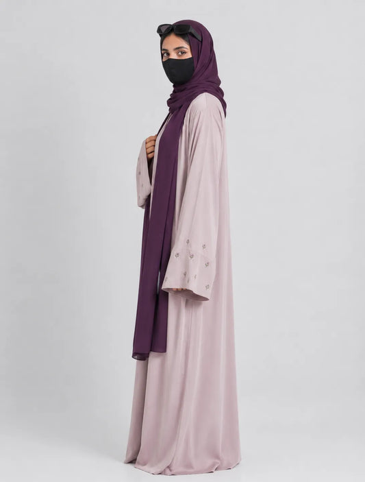 Beige Hand-Embroidered Floral Abaya